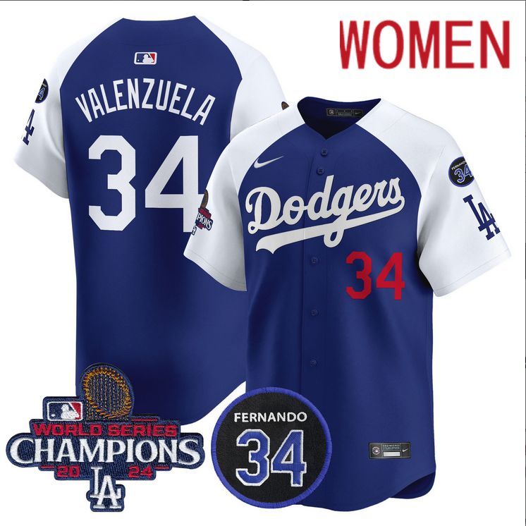 Women MLB Los Angeles Dodgers #34 Valenzuela blue 2024 World Series Champions Patch Limited Jersey style 2